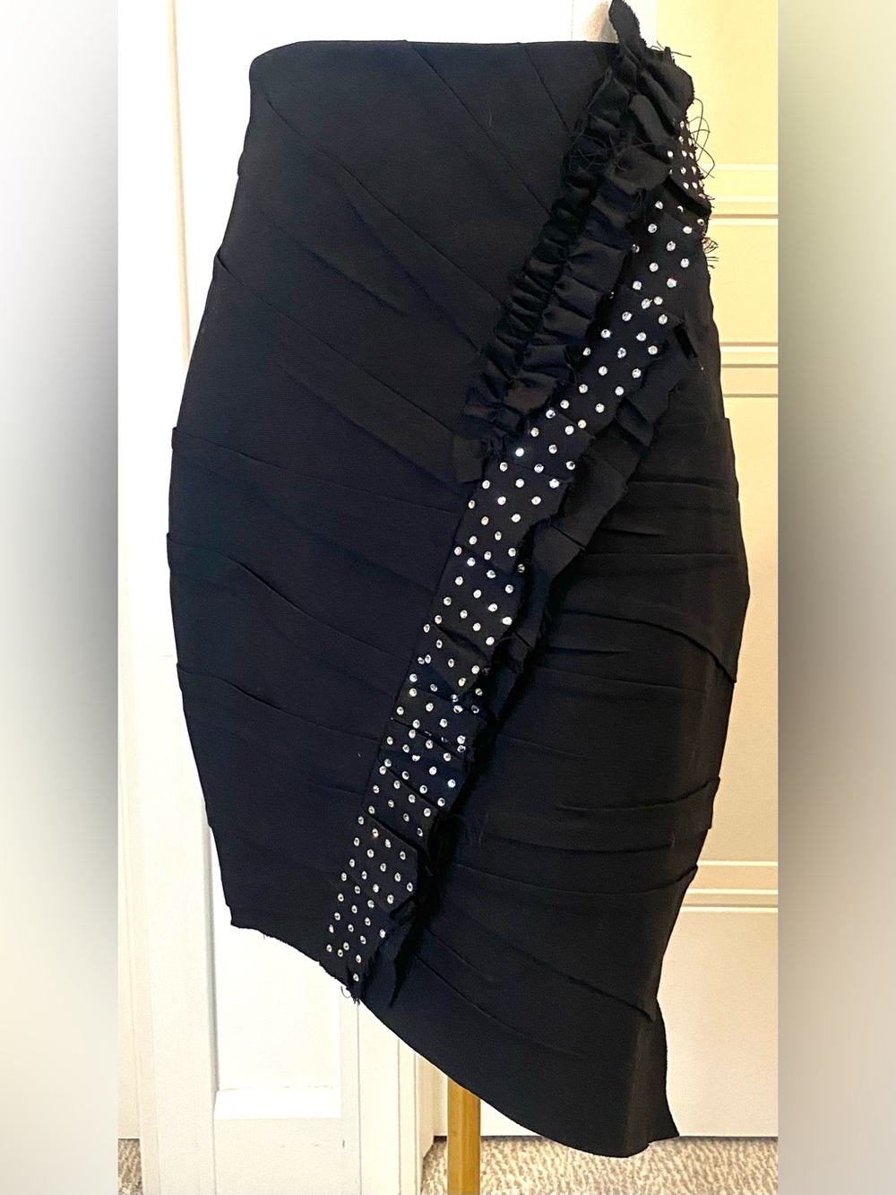 Saint Laurent Paris Black Asymmetrical Mini Skirt Crystal Ruffle Trim EU 38 US 6 - Picture 8 of 16